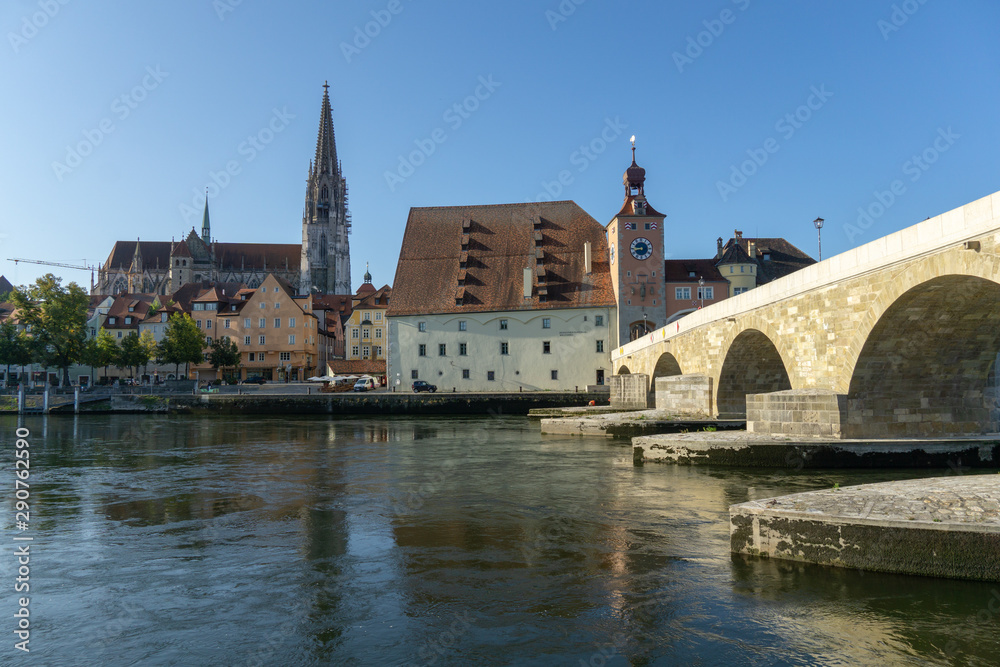 Regensburg panorama, old bridge and dom, world heritage site