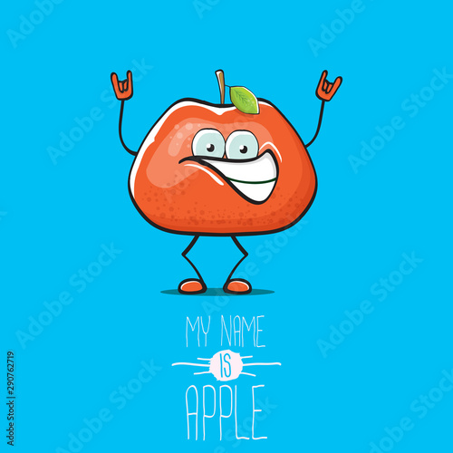 vector funny cartoon cute red apple character isolated on blue background. My name is apple vector concept. super funky fruit summer food character
