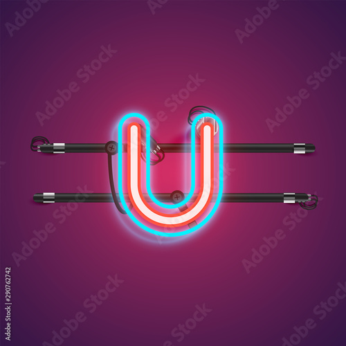 Realistic glowing double neon charcter from a fontset with console, vector illustration