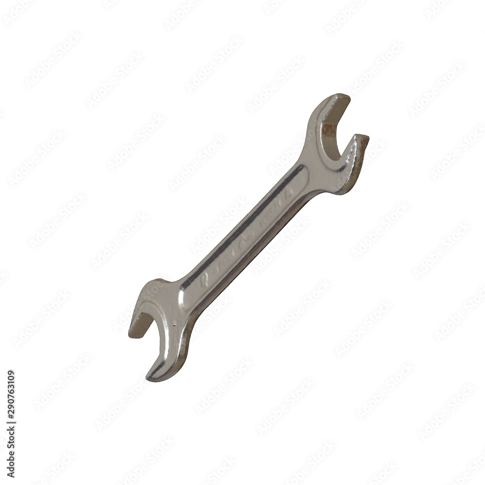 Silver two way metal wrench isolated on white background. 3D rendering of excellent quality in high resolution Silver two way metal wrench isolated on white background. 3D rendering of excellent quality in high resolution