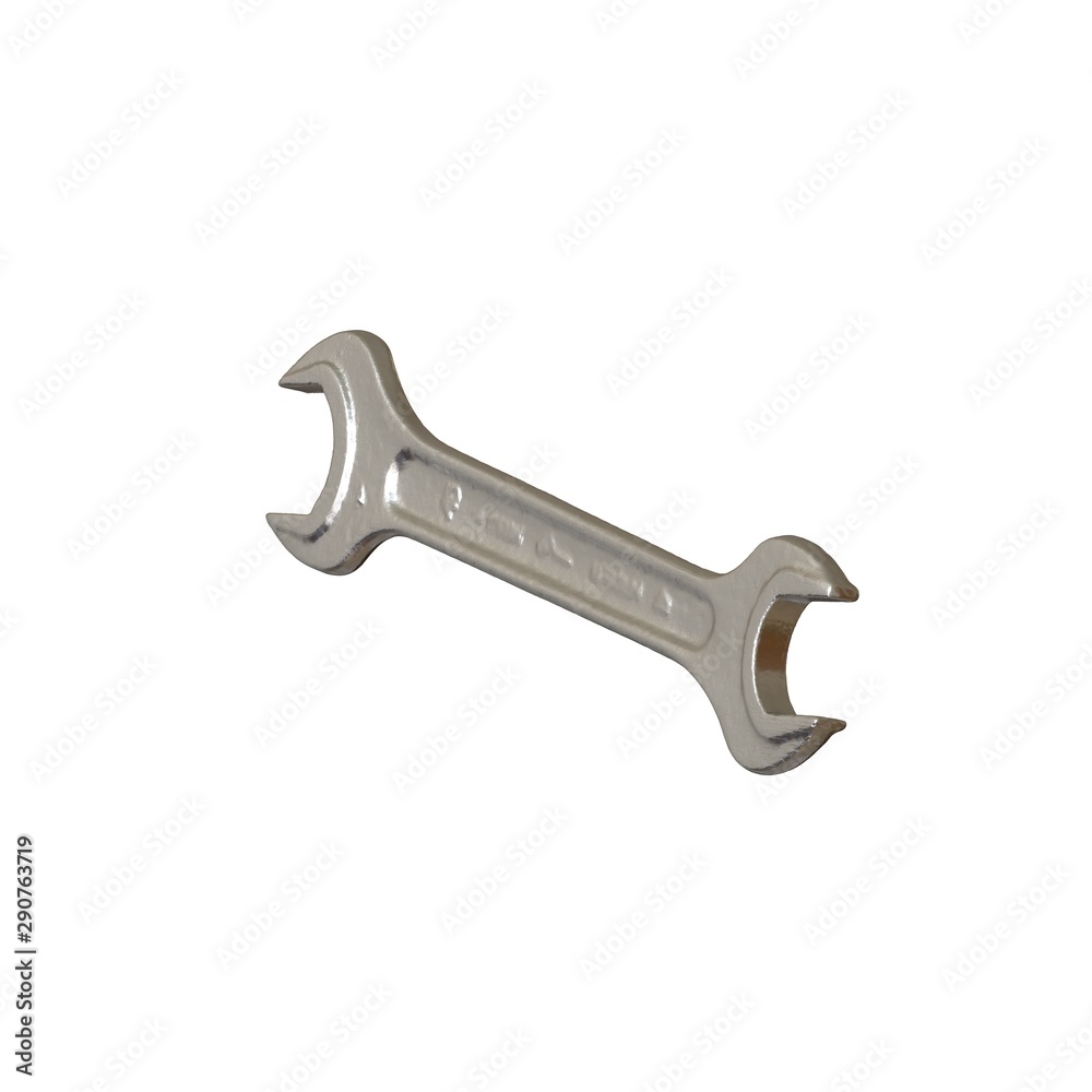 Silver two way metal wrench isolated on white background. 3D rendering of excellent quality in high resolution Silver two way metal wrench isolated on white background. 3D rendering of excellent quality in high resolution