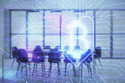 Blockchain theme hologram on conference room background. Double exposure. Concept of cryptocurrency