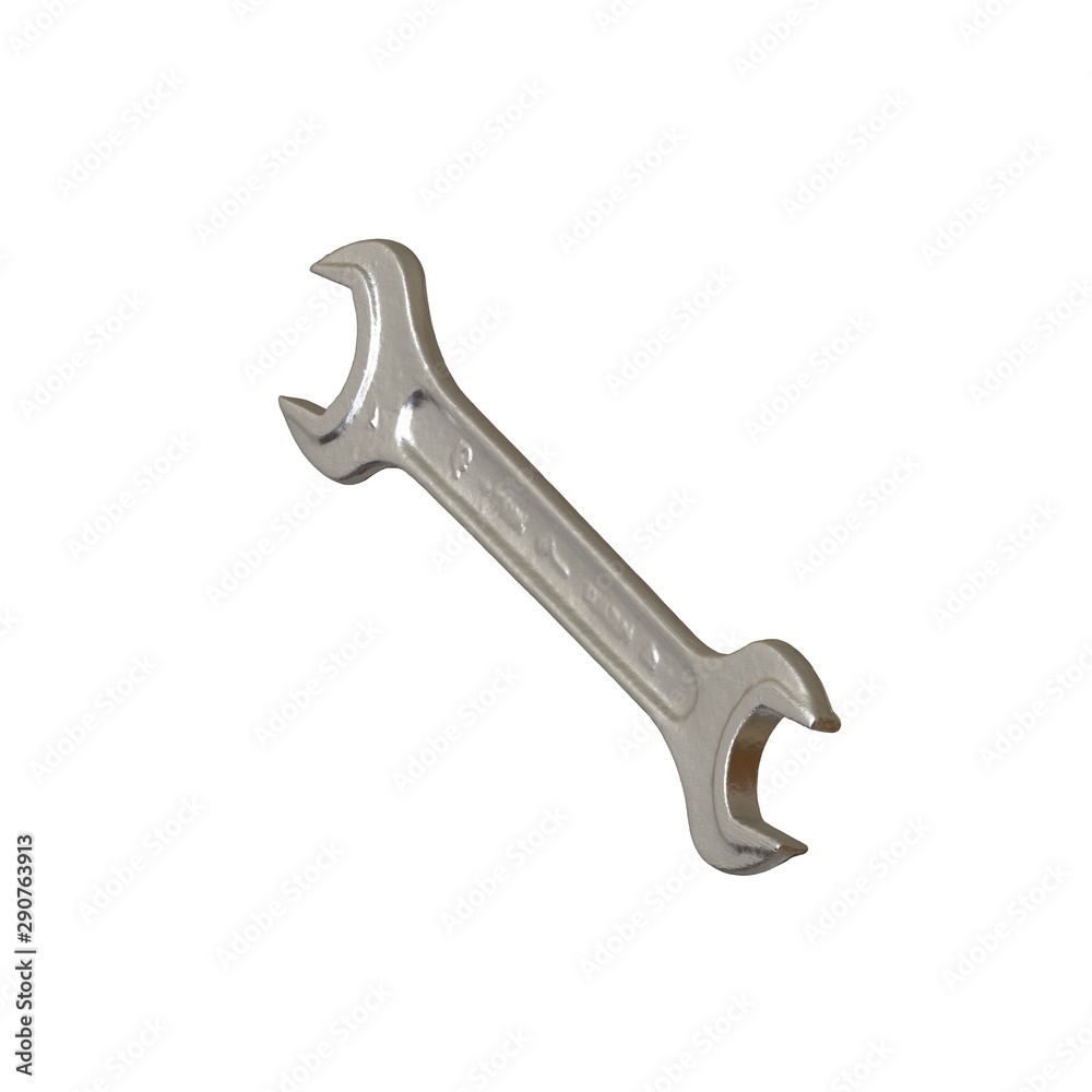 Silver two way metal wrench isolated on white background. 3D rendering of excellent quality in high resolution Silver two way metal wrench isolated on white background. 3D rendering of excellent quality in high resolution