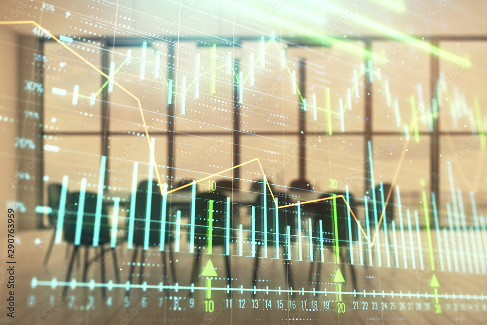 Multi exposure of stock market graph on conference room background. Concept of financial analysis Multi exposure of stock market graph on conference room background. Concept of financial analysis