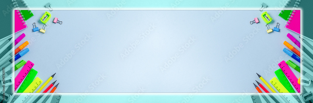 Notebook, colored pencils, ruler, pen, eraser, sharpener and more. School and office stationery on blue background. Banner Concept back to school. Top view. Notebook, colored pencils, ruler, pen, eraser, sharpener and more. School and office stationery on blue background. Banner Concept back to school. Top view.