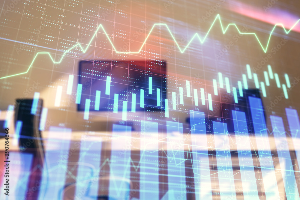 Stock market chart and desktop office computer background. Multi exposure. Concept of financial analysis. Stock market chart and desktop office computer background. Multi exposure. Concept of financial analysis.