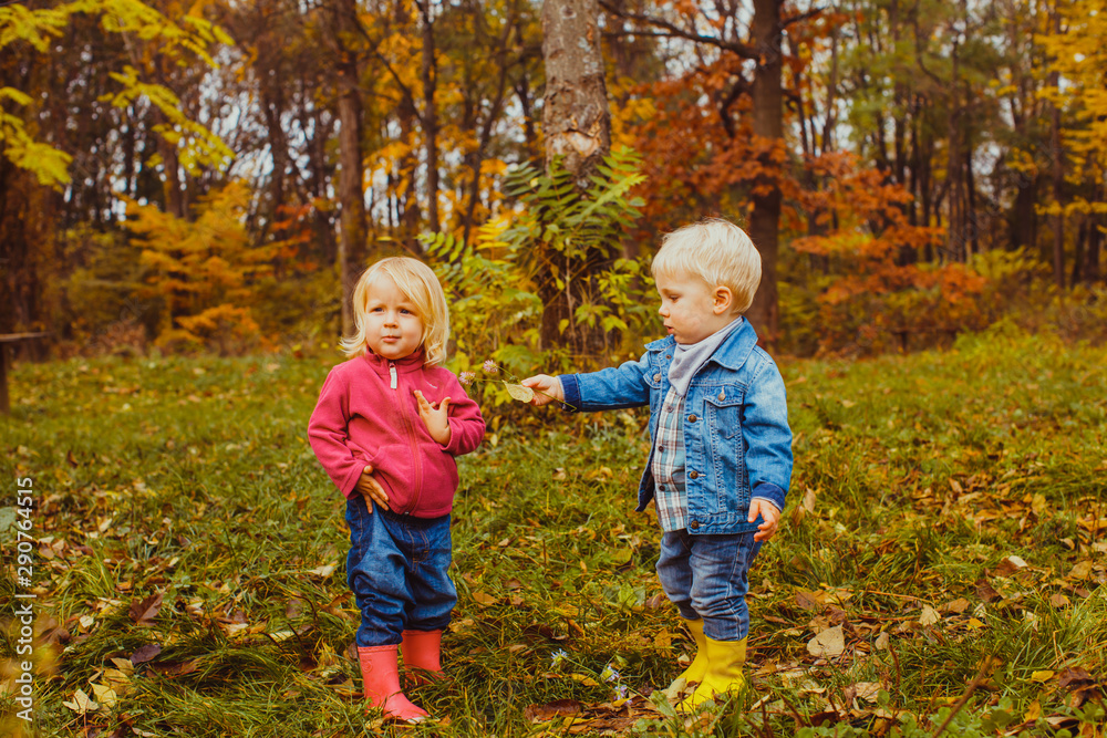 Cute kids in the autumn park play on nature Cute kids in the autumn park play on nature