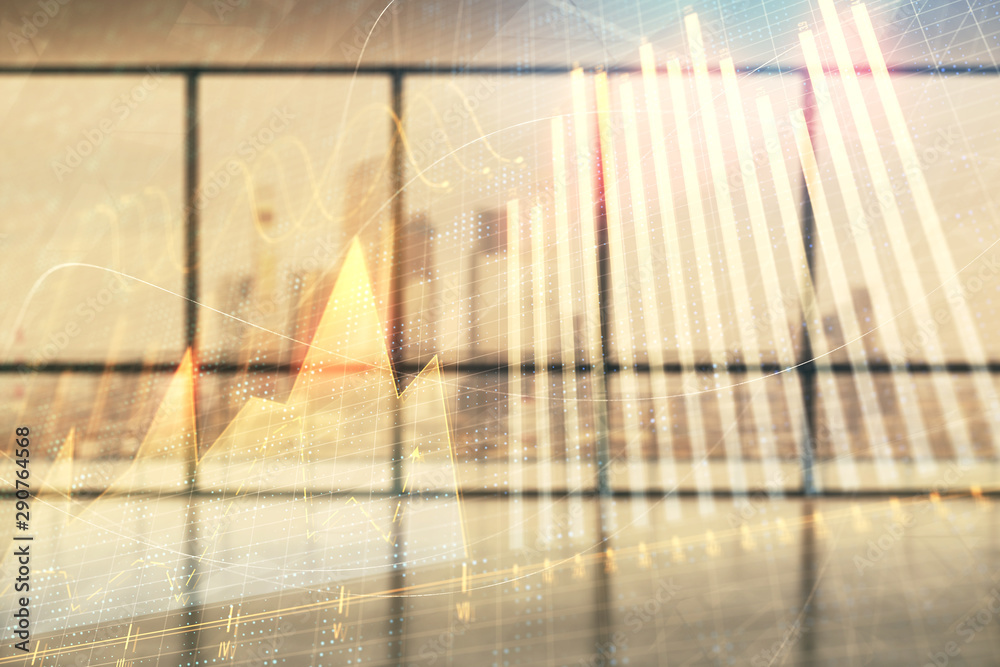 Double exposure of financial chart on empty room interior background. Forex market concept. Double exposure of financial chart on empty room interior background. Forex market concept.