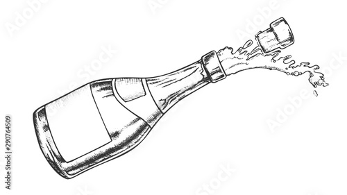 Champagne Festive Drink Glass Bottle Ink Vector. Celebrate Alcoholic Beverage Champagne Opening With Popping Cork Cap And Drop Splash. Engraving Layout Designed In Retro Style Monochrome Illustration