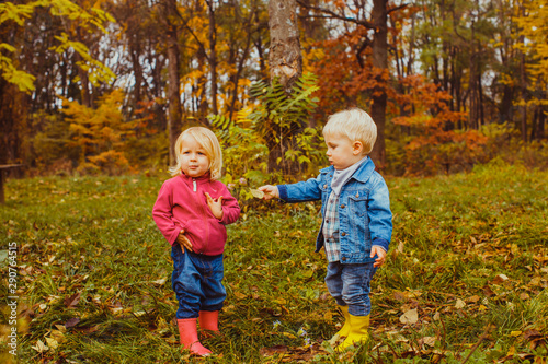Cute kids in the autumn park play on nature