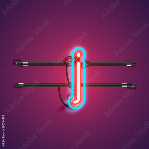 Realistic glowing double neon charcter from a fontset with console, vector illustration