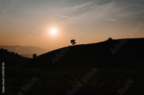 Mountains and sunset Carpathians  Ukraine. mist ledge of a mountain  beautiful sunset over a wide  valley. On the horizon  one tree. The sky line of aircraft.