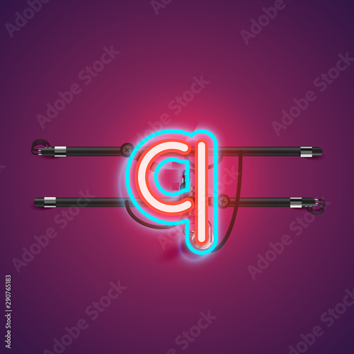 Realistic glowing double neon charcter from a fontset with console, vector illustration