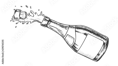 Champagne Blank Label Glass Bottle Vintage Vector. Flies Cork, Splash And Fizz Champagne. Bang Open Packaging Bubble Wine Engraving Layout Hand Drawn In Retro Style Monochrome Illustration