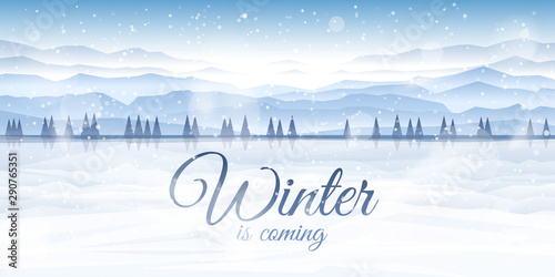 Vector illustration. Flat landscape. Snowy background. Snowfall. Clear blue sky. Blizzard. Cartoon wallpaper. Winter season. Forest trees and mountains. Polygonal spruces. Ice water. Frozen lake