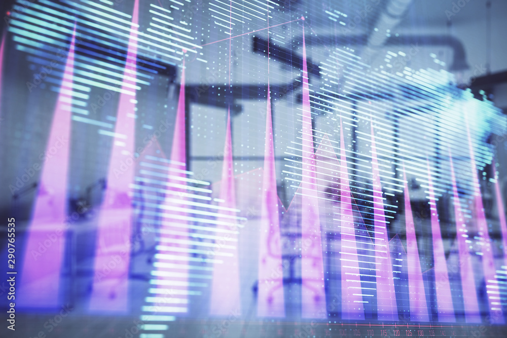 Stock and bond market graph and world map with trading desk bank office interior on background. Multi exposure. Concept of international finance Stock and bond market graph and world map with trading desk bank office interior on background. Multi exposure. Concept of international finance