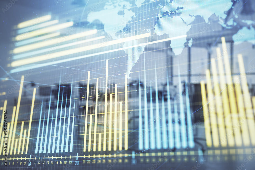 Stock and bond market graph and world map with trading desk bank office interior on background. Multi exposure. Concept of international finance Stock and bond market graph and world map with trading desk bank office interior on background. Multi exposure. Concept of international finance