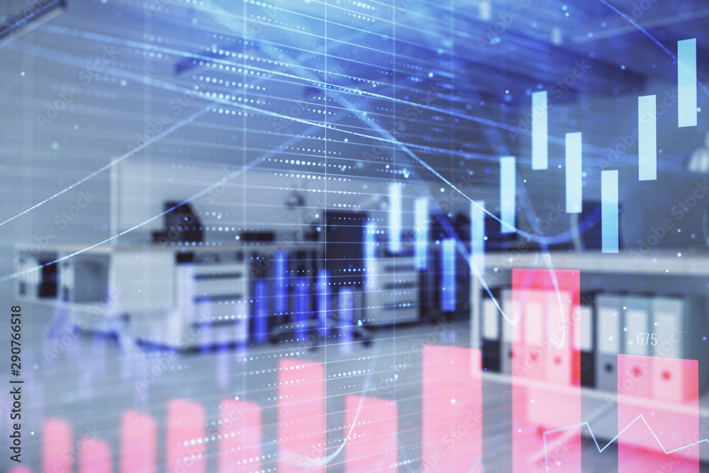 Stock market chart with trading desk bank office interior on background. Double exposure. Concept of financial analysis Stock market chart with trading desk bank office interior on background. Double exposure. Concept of financial analysis
