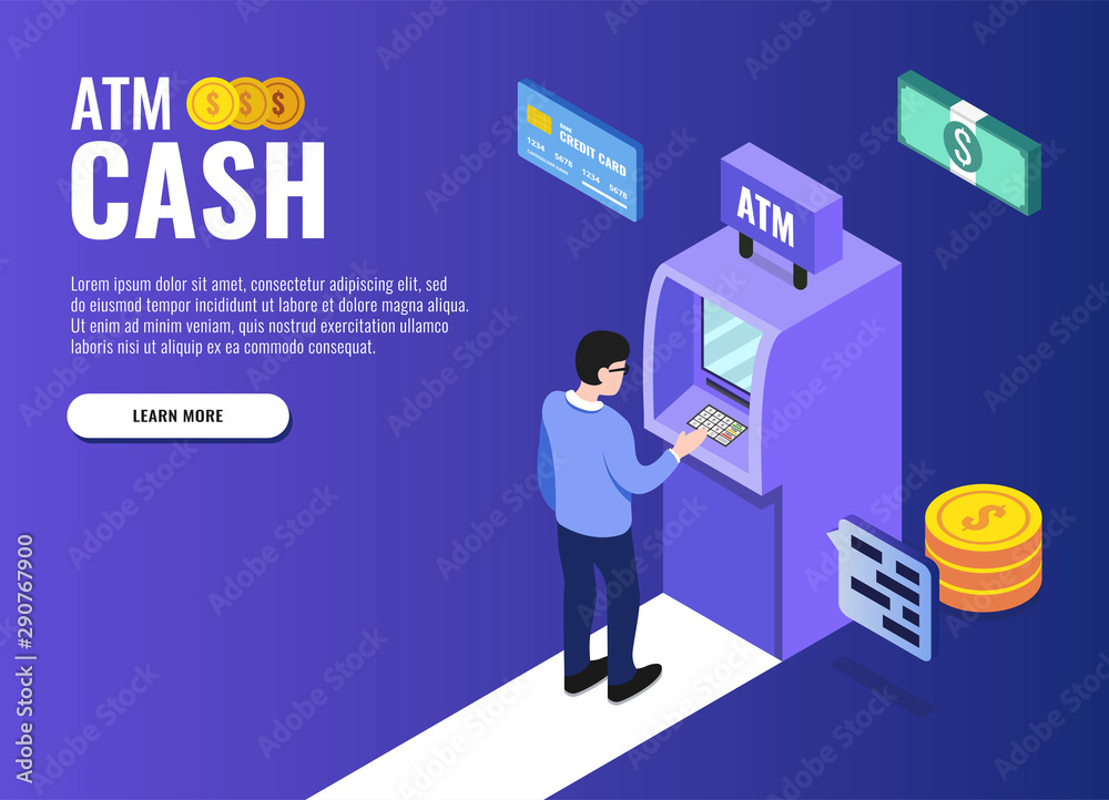 Atm services concept. Man standing near atm machine. Web banner, infographics. Isometric vector illustration.