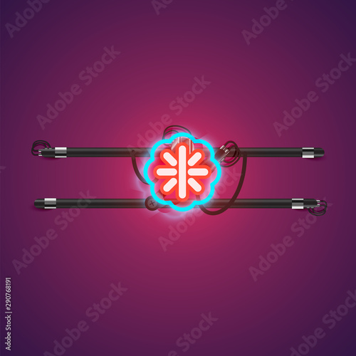 Realistic glowing double neon charcter from a fontset with console, vector illustration