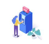 ATM concept. Woman standing near atm machine. Web banner, infographics. Isometric vector illustration.