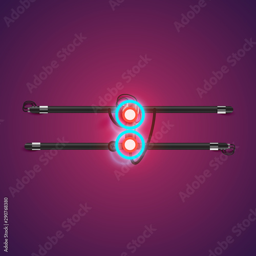 Realistic glowing double neon charcter from a fontset with console, vector illustration