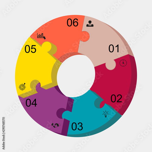 Business data visualization, infographics. Scheme of the process of elements with the help of graphics, diagrams of a circle of puzzles multicolored in four stages, numbers, options icons, with text. 
