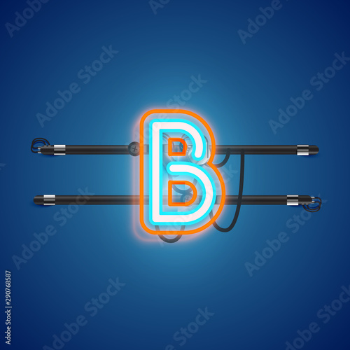 Realistic glowing double neon charcter from a fontset with console, vector illustration