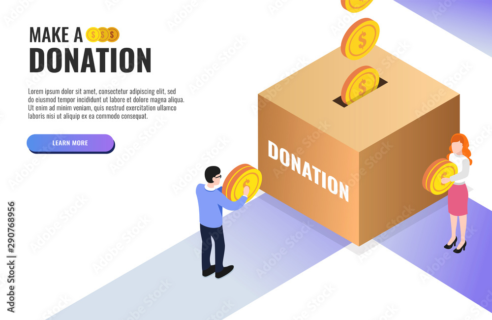 Donation online concept. Computer with a coin on the screen. User holding a coin. Web banner, infographics. Isometric vector illustration.