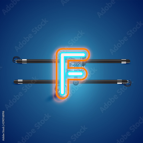 Realistic glowing double neon charcter from a fontset with console, vector illustration