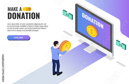Donation concept. Big box with money. User holding a coin. Web banner, infographics. Isometric vector illustration.