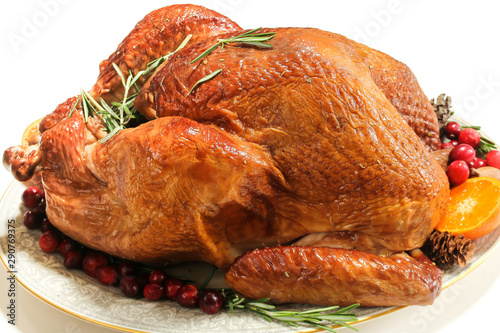 Thanksgiving Roasted Turkey isolated on white, selective focus