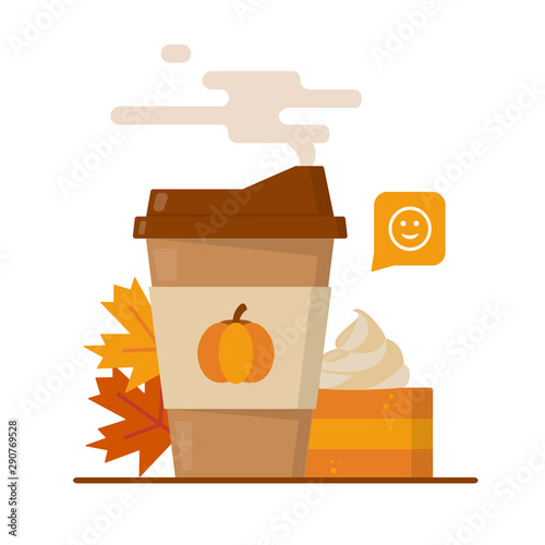 Pumpkin spice latte season. Mug of coffee to go, pumpkin pie and maple leaves. Flat vector illustration.