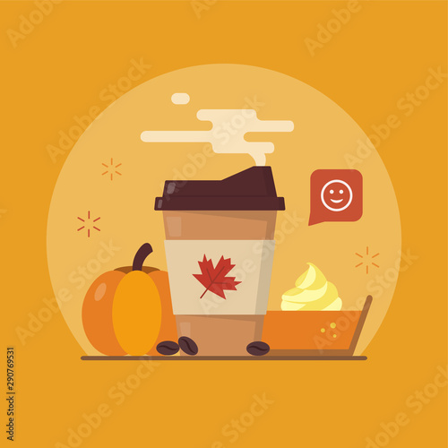 Pumpkin spice latte season. Autumn coffee and a piece of pumpkin pie. Flat vector illustration.
