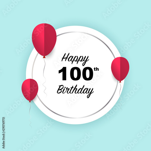 Happy 100th birthday, vector illustration greeting silver round banner card with red papercut balloons
