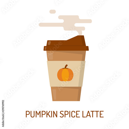 Paper cup with pumpkin spice latte. Autumn coffee to go. Flat vector illustration.