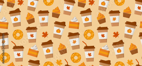 Pumpkin spice latte season. Coffee mugs, donuts, pumpkin pie slices and autumn leaves. Flat vector seamless pattern.