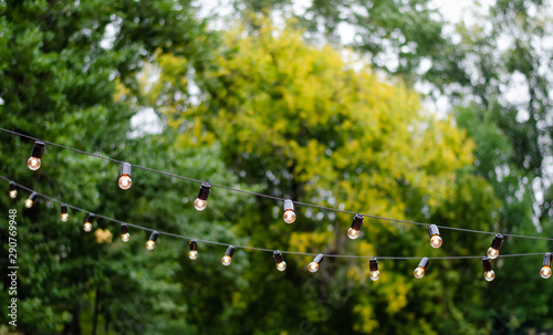 Lanterns-light bulbs on a background of green trees. Hanging lights at the festival. Street decor.