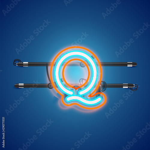 Realistic glowing double neon charcter from a fontset with console, vector illustration