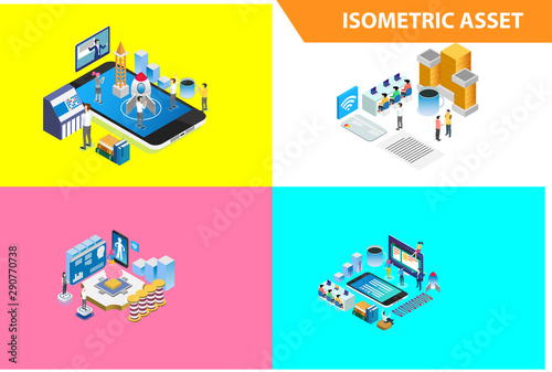 Modern 3d Isometric Set collection Smart Financial Technology Illustration in White Isolated Background With People and Digital Related Asset