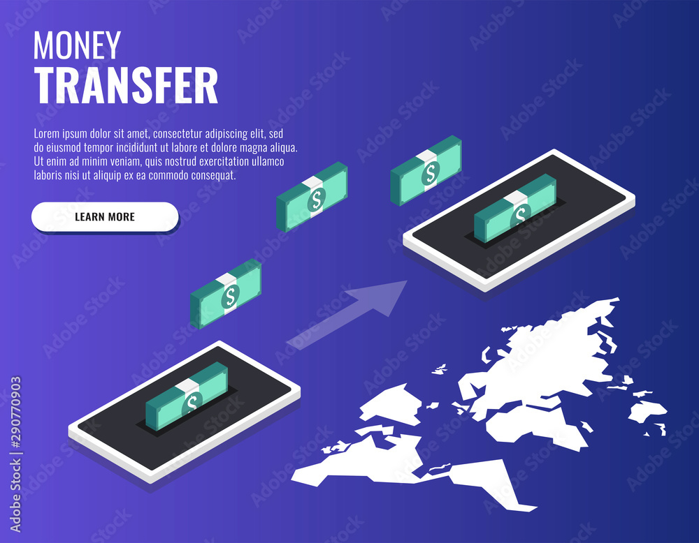 Concept online banking, mobile money transfer, financial operations. Web banner, infographics. Isometric vector illustration.