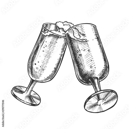 Two Elegant Champagne Glasses Monochrome Vector. Couple Cheers Champagne Glassware With Fizz Alcohol Drink. Engraving Template Hand Drawn In Vintage Style Black And White Illustration