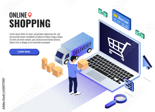 Online shopping concept. User holds a box. Web banner, infographics. Isometric vector illustration.