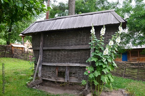 Uzhgorod  Ukraine  06 30 2015. Transcarpathian Museum of Folk Architecture and Life is an open-air museum. Chicken coop and mallow. 18th century building  from Ukrainian villages  Carpathian Mountains