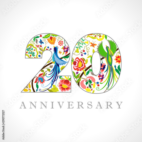 20 years old logotype. 20 th anniversary numbers. Decorative symbol. Age congrats with peacock birds. Isolated abstract graphic design template. Royal colorful digits. Up to 20% percent off discount.