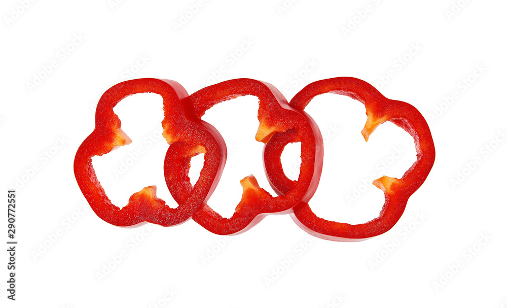 Red sweet bell pepper slices isolated on white background. Top view. - obrazy, fototapety, plakaty 