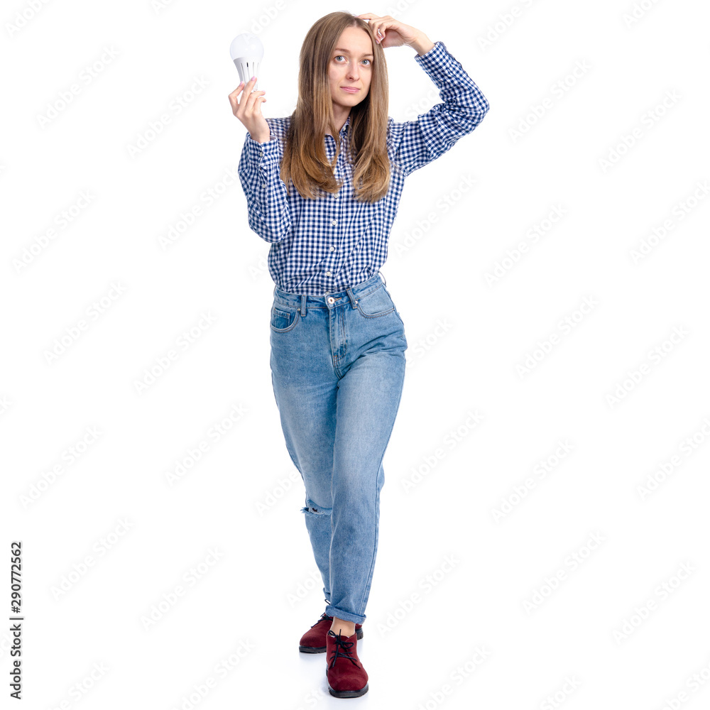 Woman holds lamp idea thinking on white background isolation Woman holds lamp idea thinking on white background isolation