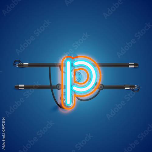 Realistic glowing double neon charcter on and off from a fontset, vector illustration