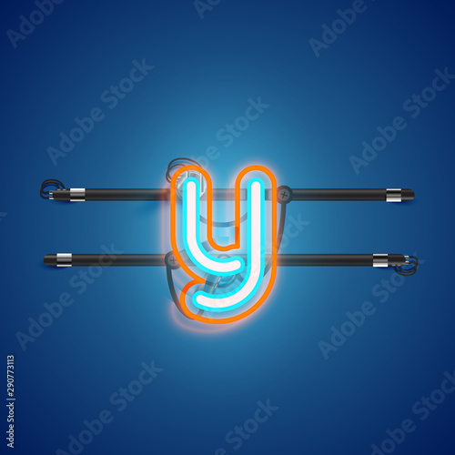 Realistic glowing double neon charcter on and off from a fontset, vector illustration