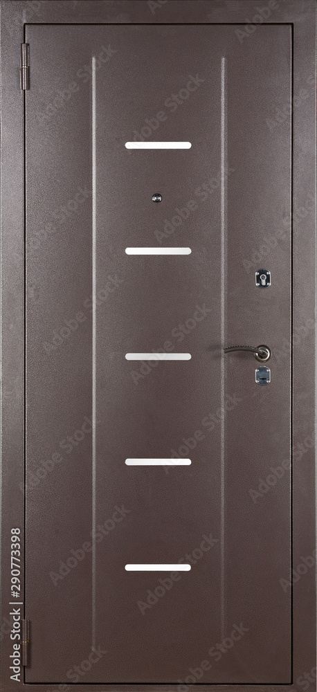 Fototapeta premium Frontal image of a closed brown door, isolated on white background